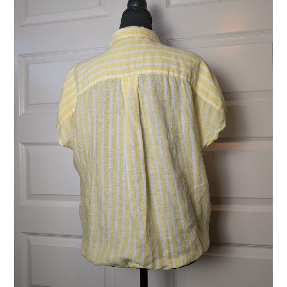 Talbots Size L Petite Blouse 100% Linen Front Tie Waist Yellow Striped Coastal - Picture 3 of 9